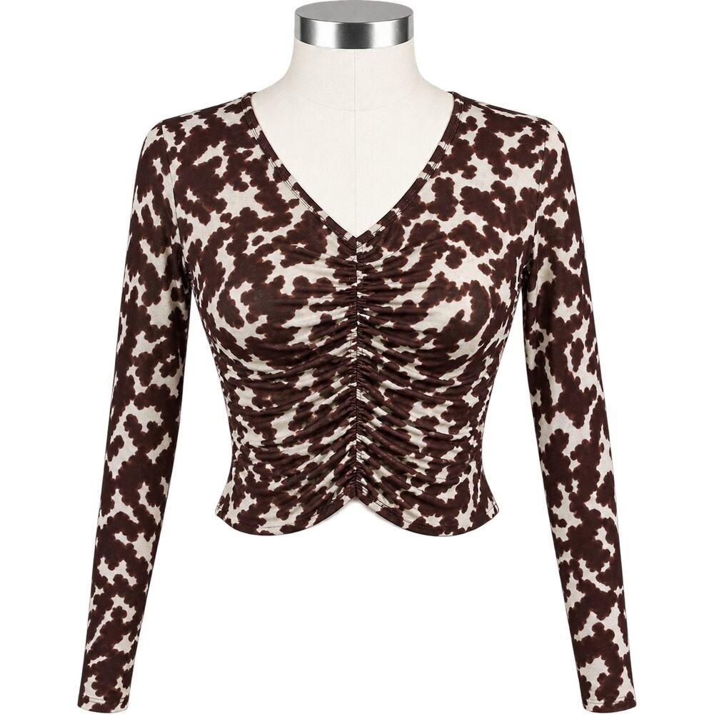 Parker New York Brown Abstract Ruched Long Sleeve Crop Top - NWT - Size L